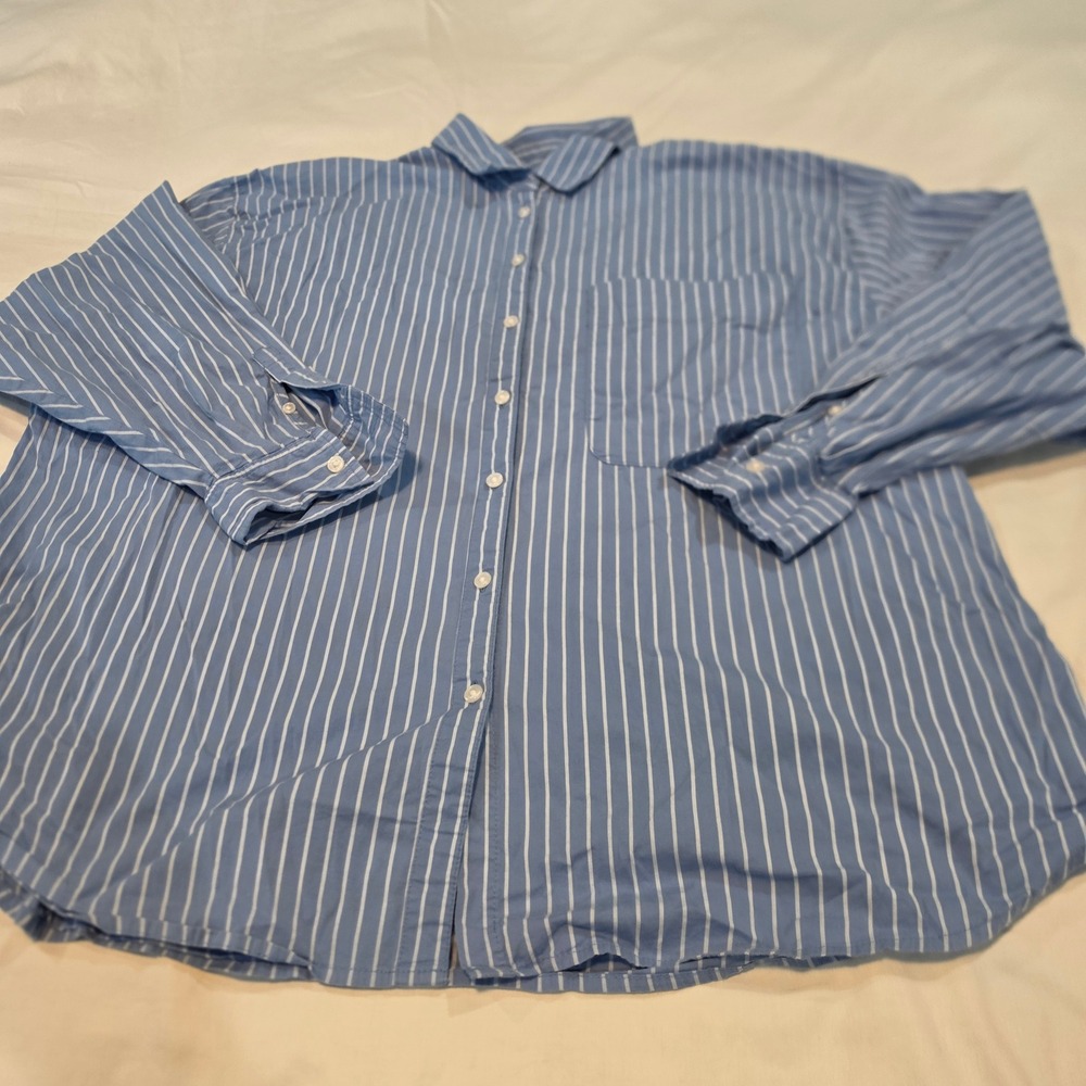 A New Day Button Down Shirt Womens XXL Blue White Striped Excellent Long Sleeve